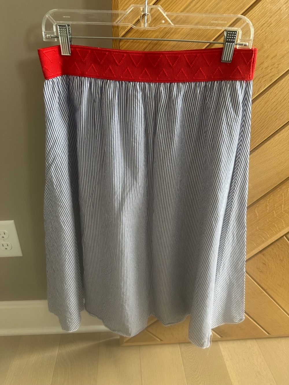 LuLaRoe Navy Pinstripe A-Line Skirt with Red Waistband